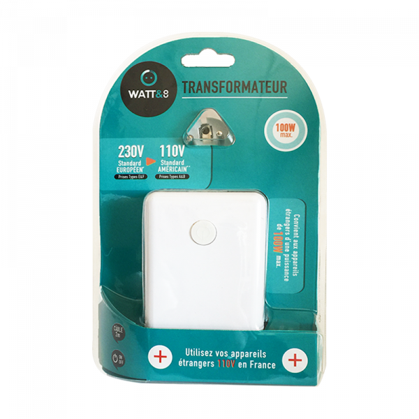 Transformateur 220v-110v europe vers stantdard usa. puissance 100w max. fusible de protection. interrupteur on/off. câble 1.50m