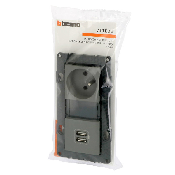 Bticino altège  prise de courant 2p+t + prise double chargeur usb - 2400 ma - nuage - compo