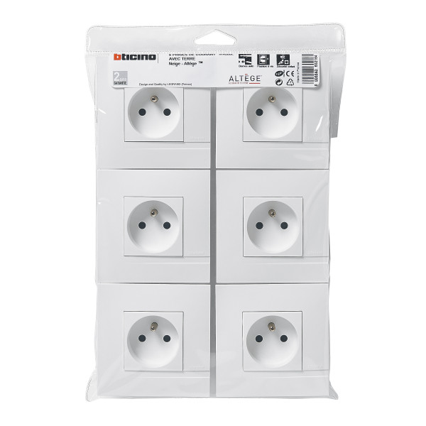 Bticino altège  lot de 6 prises de courant fb - 2p+t - bornes auto - neige