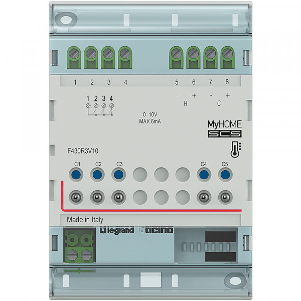 Actionneur modulaire Bticino MyHOME 3 relais indépendants, 2 sorties 0-10V pour ventilo-convecteurs