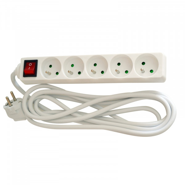 Bloc Multiprise Blanc 5 Entrées Standard Françaises HO5VV-F 3x1,5 mm2 3 m Franelec – avec Interrupteur