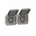Double Prise de Courant Grise 16 A 250 V Plexo Legrand – Etanche - IP55 - IK08 – avec Enjoliveur – 2 Postes - Précâblée