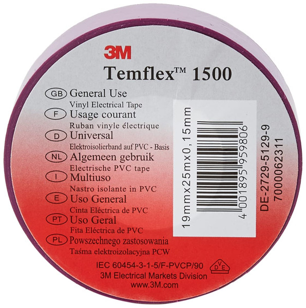 3m temflex 1500 ruban d'isolation électrique 20m x 19mm violet