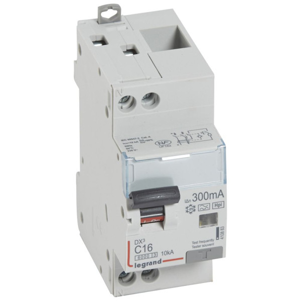 Disjoncteur différentiel monobloc dx³ 6000-vis/vis-u+n 230v~-16a-typehpi-300ma-10ka-courbe c-départ