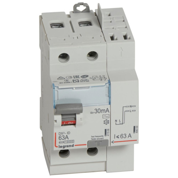 Interrupteur différentiel DX3 - id - vis/auto - 2p - 230v~ - 63a - type ac - 30ma - départ haut