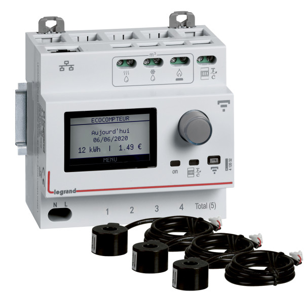 Pack écocompteur modulaire connecté Legrand Drivia conprenant écocompteur (412032) et 3 tores fermés (412008)