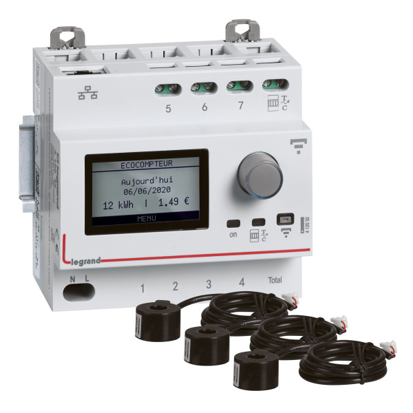 Pack écocompteur modulaire connecté Legrand Drivia conprenant écocompteur (412032) et 3 tores fermés (412008)