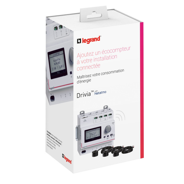 Pack écocompteur modulaire connecté Legrand Drivia conprenant écocompteur (412032) et 3 tores fermés (412008)
