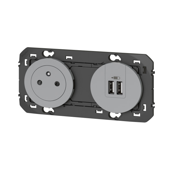 Prise de courant 2P+T et prise 2USB aluminium Legrand Dooxie précâblées surface et USB TypeA 3A