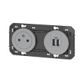 Prise de courant 2P+T et prise 2USB aluminium Legrand Dooxie précâblées surface et USB TypeA 3A