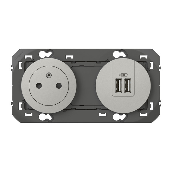 Prise de courant 2P+T et prise 2USB aluminium Legrand Dooxie précâblées surface et USB TypeA 3A