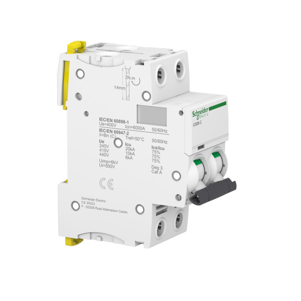 Disjoncteur 2P 20A Courbe C – Schneider Acti9 iC60N 400VCA, 6000A (10kA)