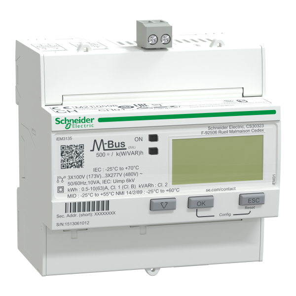 Acti9, iEM Compteur d'énergie iEM3135 63A, MBUS, Multi-tarifs, Alarme kW, MID