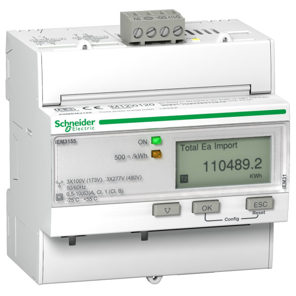 Acti9, iEM Compteur d'énergie iEM3155 63A, Modbus, Multi-tarifs, Alarme kW, MID