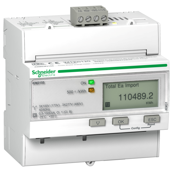 Acti9, iEM Compteur d'énergie iEM3155 63A, Modbus, Multi-tarifs, Alarme kW, MID
