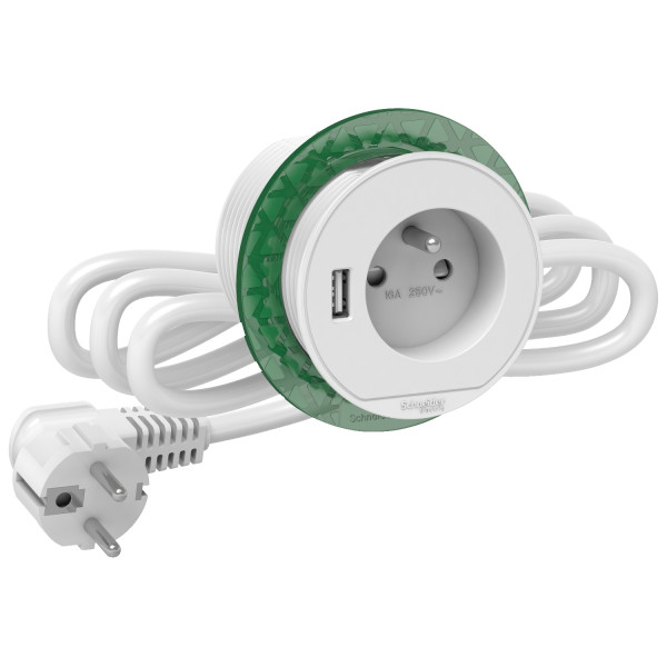 Bloc de prise à encastrer xs Unica system+ 2P+T + USB A - câble 2m - blanc