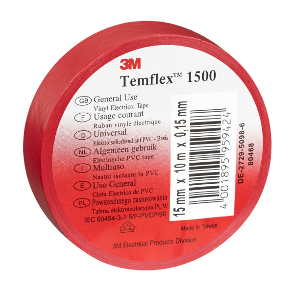 3m temflex 1500 ruban d'isolation électrique 10m x 15mm rouge