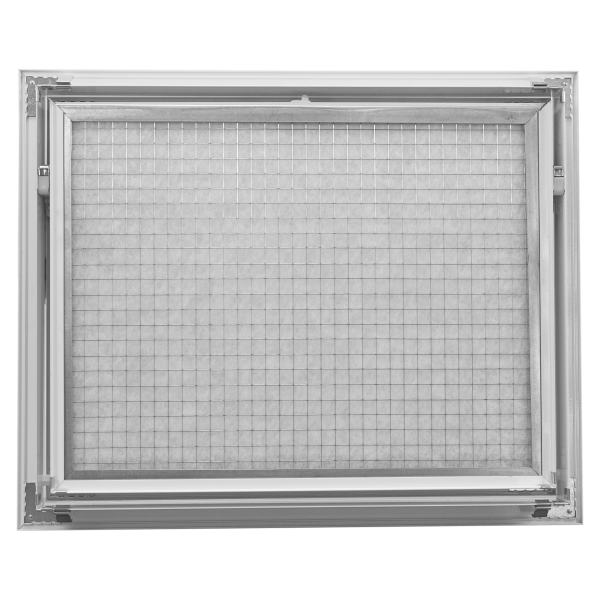 Grille de reprise intérieur + filtre, alu blanc, 350 à 900 m3/h, D 500 x 400 mm. (GRAIxCD 500x400)