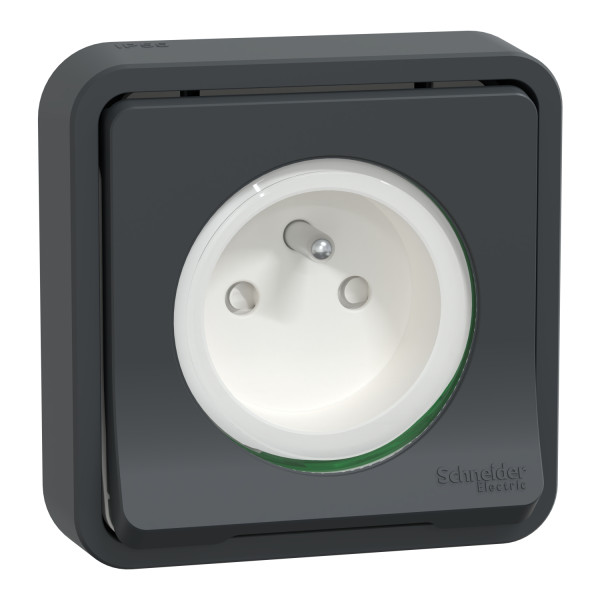 Prise de courant 2P+T grise Schneider Mureva Styl à encastrer connexion automatique IP55 IK08