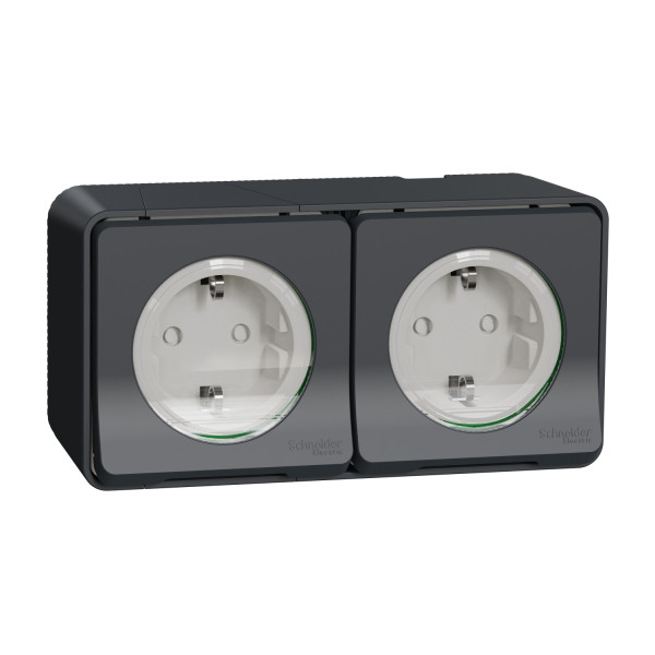 Double prise 2P+T Schuko gris Schneider Mureva styl en saillie précâblée horizontal IP55 IK08