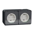 Double prise 2P+T Schuko gris Schneider Mureva styl en saillie précâblée horizontal IP55 IK08