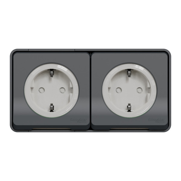 Double prise 2P+T Schuko gris Schneider Mureva styl en saillie précâblée horizontal IP55 IK08