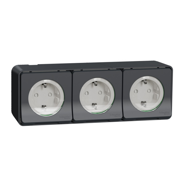 Triple prise 2P+T Schuko gris Schneider Mureva styl en saillie précâblée horizontal IP55 IK08