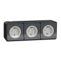 Triple prise 2P+T Schuko gris Schneider Mureva styl en saillie précâblée horizontal IP55 IK08