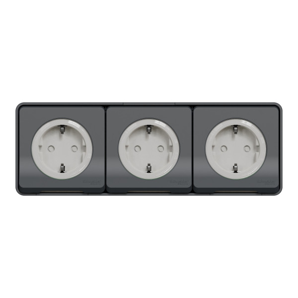 Triple prise 2P+T Schuko gris Schneider Mureva styl en saillie précâblée horizontal IP55 IK08