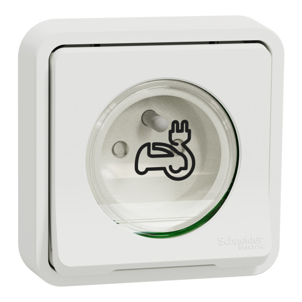 Prise de courant 2P+T renforcée blanc Schneider Mureva styl encastre IP55 IK08 pour véhicule électrique