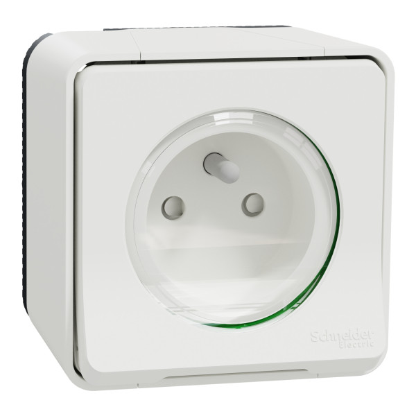 Prise de courant 2P+T blanche Schneider Mureva Styl en saillie connexion automatique IP55 IK08