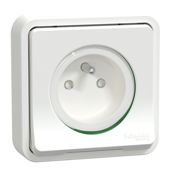 Prise de courant 2P+T blanche Schneider Mureva Styl à encastrer connexion automatique IP55 IK08