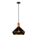 Suspension e27 max.60w abat-jour noir et bois clair extérieur / blanc intérieur cable pvc l.150cm noir