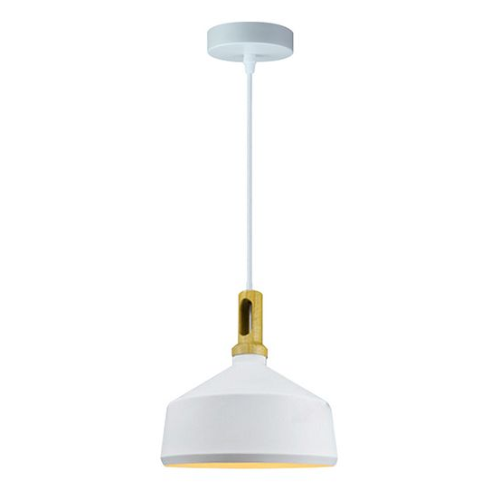 Suspension e27 max.60w abat-jour alu blanc mat et bois clair extérieur / blanc intérieur cable pvc l.150cm blanc