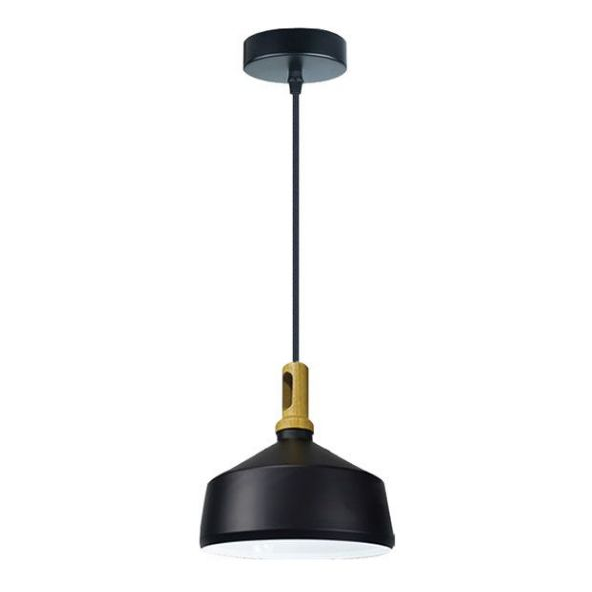 Suspension e27 max.60w abat-jour alu noir mat et bois clair extérieur / blanc intérieur cable pvc l.150cm noir