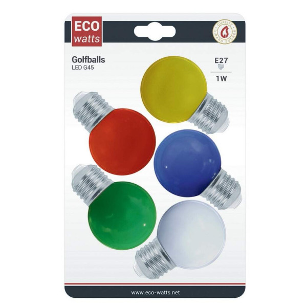 Girard sudron ecowatts - kit golfball led 1w e27 ip20 x 5 (red/ yellow/ blue/ green/ white)