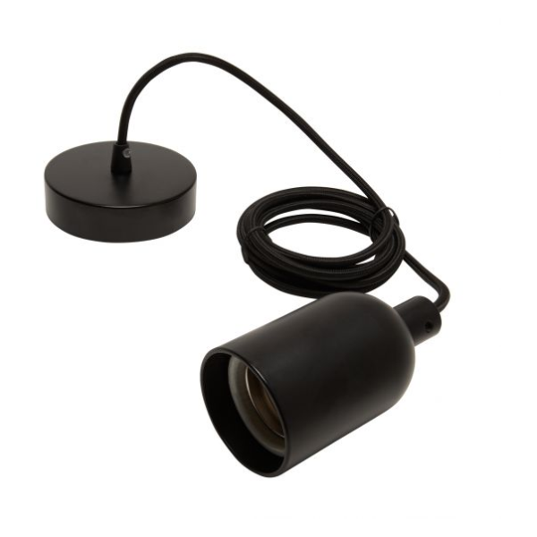 Suspension douille e40 + pavillon mtal noir + câble text. noir 2 mtres