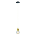 Suspension alu ip44 e27 max.25w abat-jour verre clair - doré mat extérieur cable pvc l.150cm noir