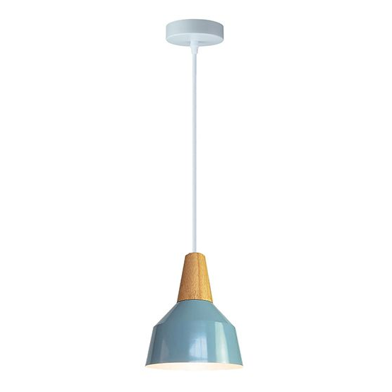 Suspension e27 max.60w abat-jour alu bleu ciel et bois clair extérieur / blanc intérieur cable pvc l.150cm blanc