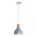 Suspension e27 max.60w abat-jour alu bleu ciel et bois clair extérieur / blanc intérieur cable pvc l.150cm blanc
