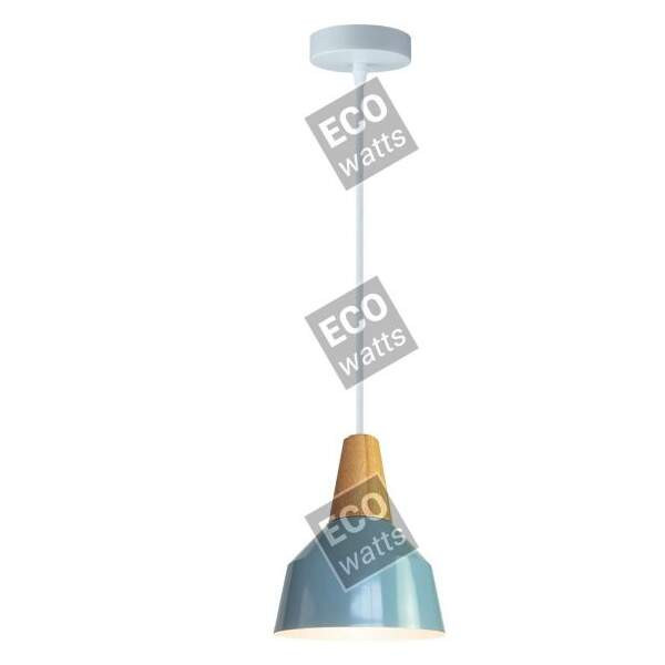 Suspension e27 max.60w abat-jour alu bleu ciel et bois clair extérieur / blanc intérieur cable pvc l.150cm blanc