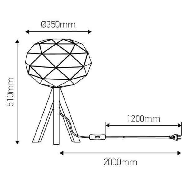 Lampe à poser e27 max.60w abat-jour noir extérieur / blanc intérieur - pieds bois clair - cable pvc l.200cm avec inter. noir