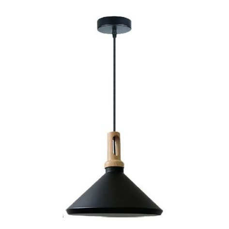 Suspension e27 max.60w abat-jour alu noir mat et bois clair extérieur / blanc intérieur cable pvc l.150cm noir