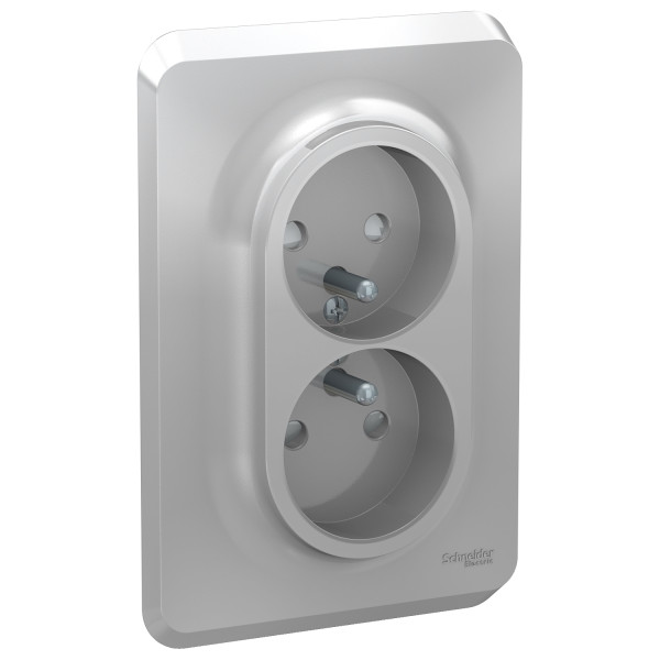 Prise Double 2 P+T Aluminium pour Boîte 1 Poste Unica Schneider – FR – Vis – Mécanisme avec Plaque - Schneider Electric - NU406930