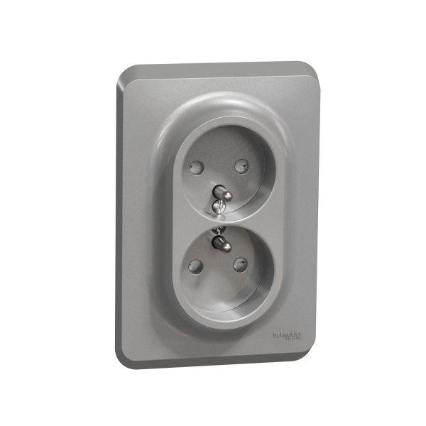 Prise Double 2 P+T Aluminium pour Boîte 1 Poste Unica Schneider – FR – Vis – Mécanisme avec Plaque - Schneider Electric - NU406930