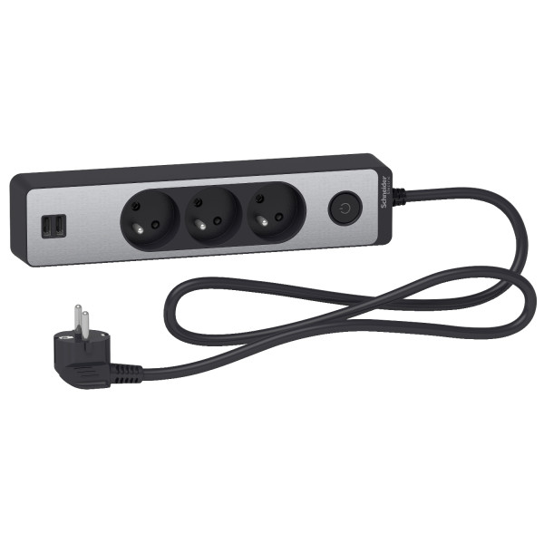 Odace - rallonge multiprises 3 prises 2p+t - anthracite/aluminium - 2usb - 1,5m