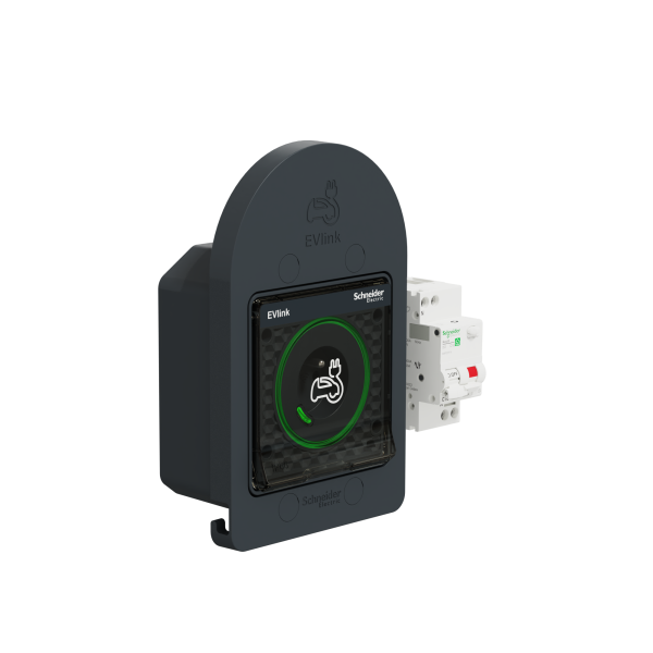 Prise 2P+T pour véhicule électrique Schneider Mureva EVlink avec disjoncteur différentiel Resi9 Gris