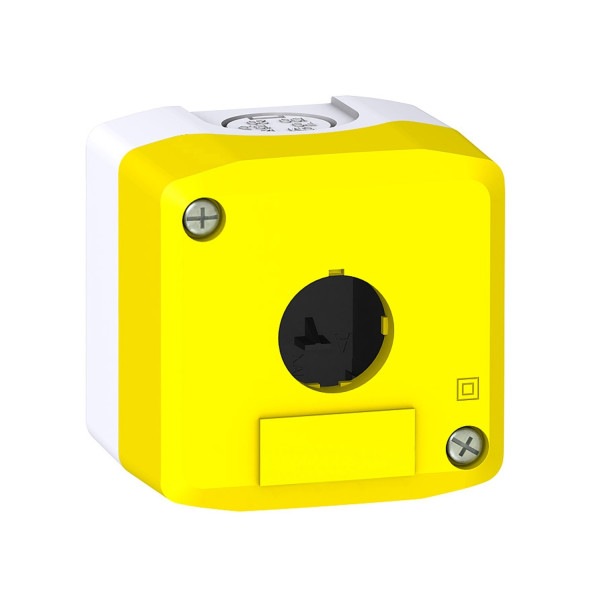 BOITE VIDE 1 TROU DIA 22MM COUVERCLE JAUNE ET FOND GRIS CLAIR