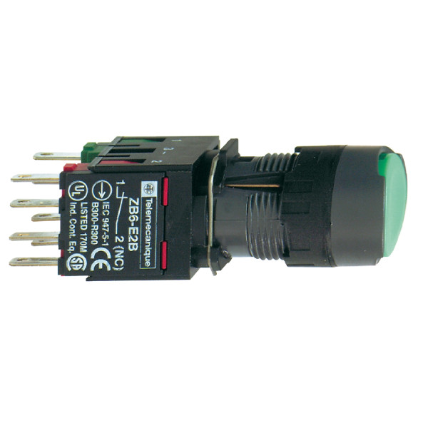boutonpoussoir lumineux vert diam 16 à accrochage affleurant 24 V 1O plus 1F