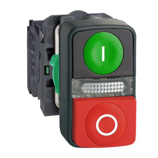 Harmony bt-pous Ø22 double touche, ressort rap vert+rouge, lum jaune 24V IP66